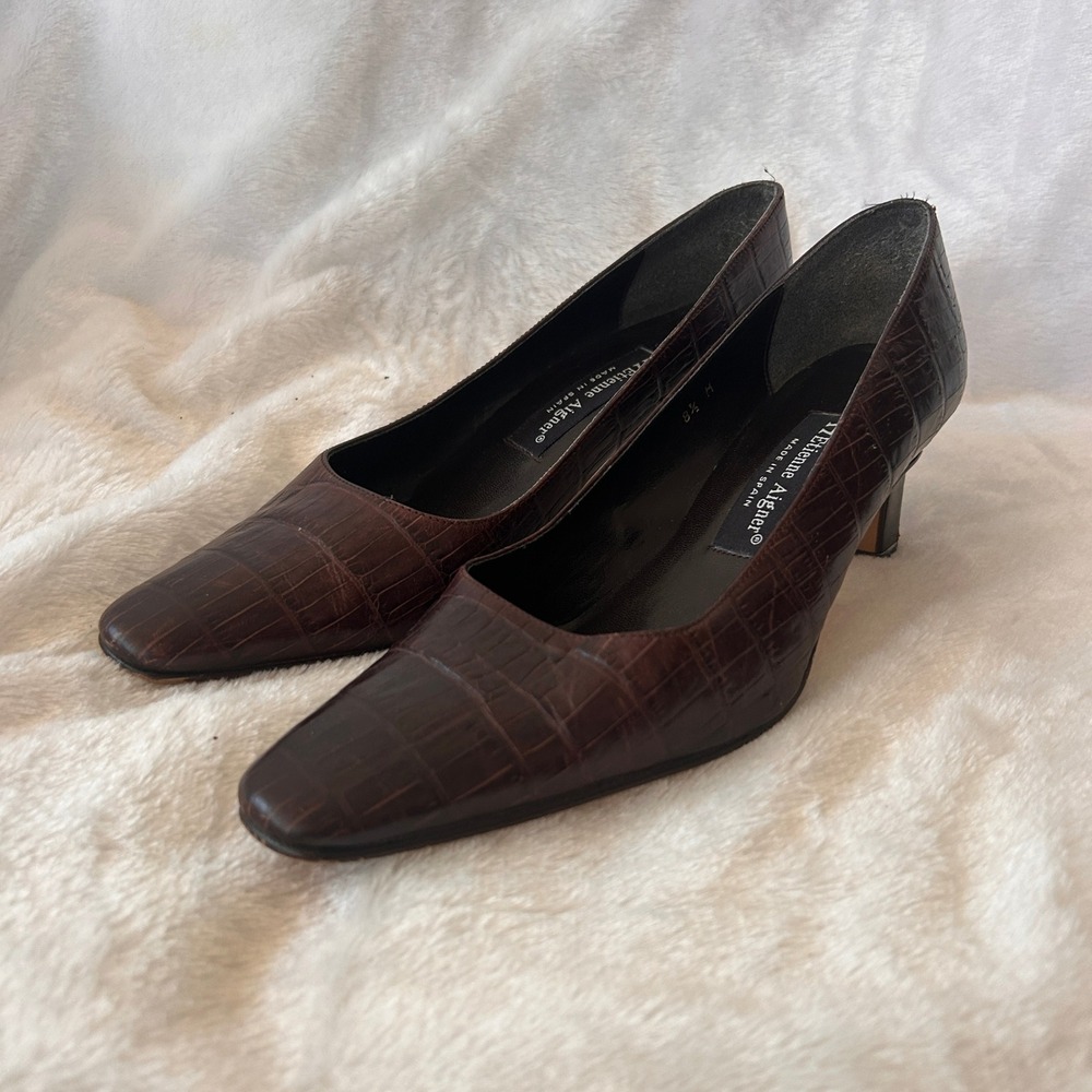Etienne Aigner Pumps Women 8.5 Brown Croc Embossed Leather Heel Officecore VTG